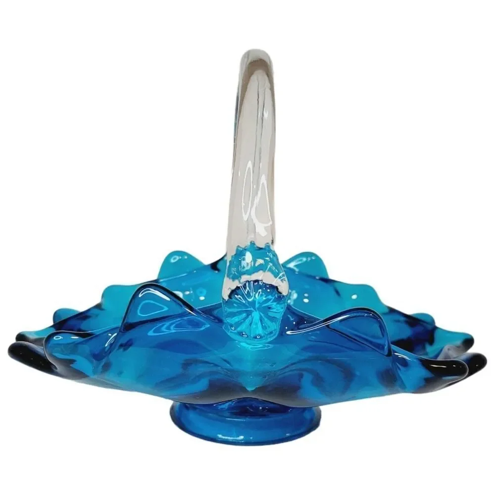 Vtg Viking Art Glass 1960s Blue With Clear Handle Epic Basket Candy Dish #1510‎